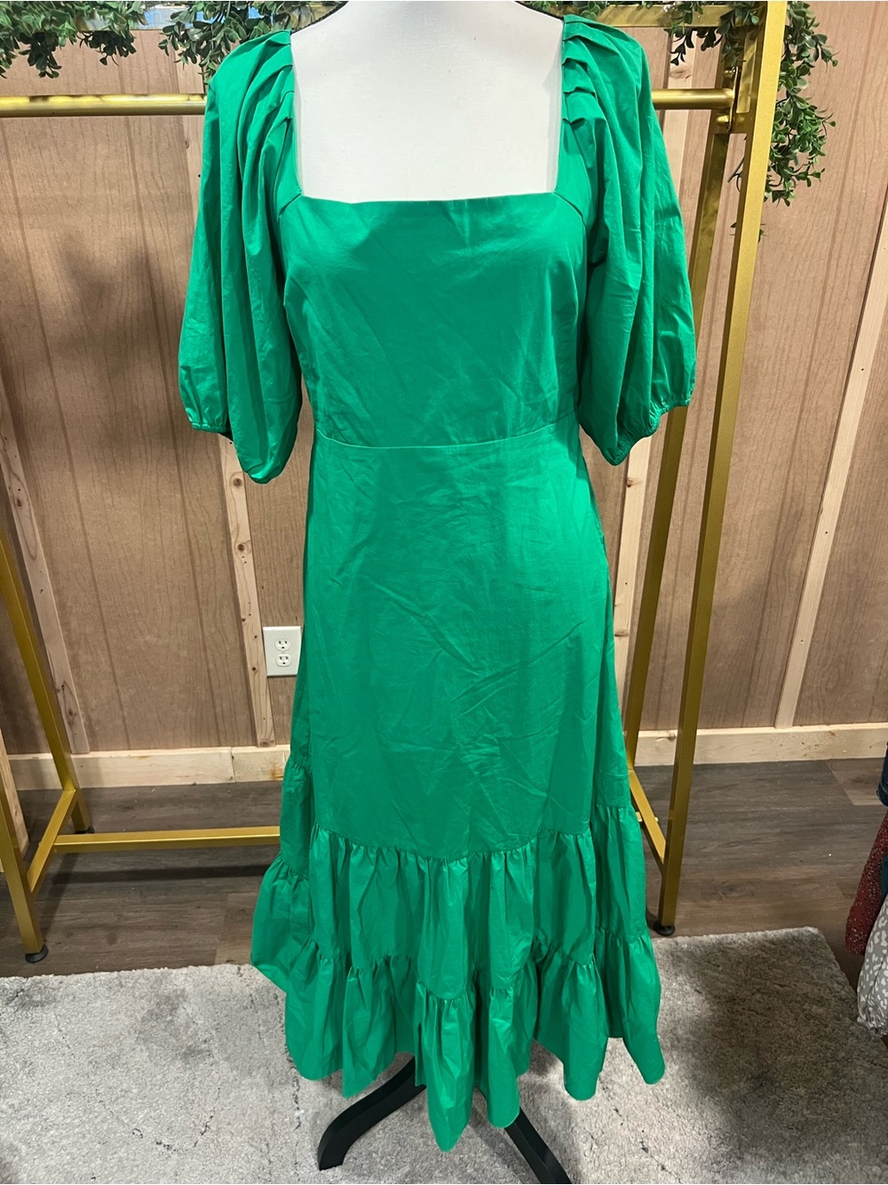 Tanya Taylor Emerald Green Square-Neck Maxi Dress with Puff Sleeves